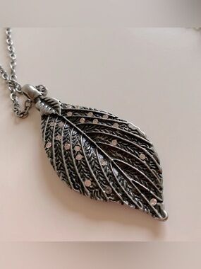 Leaf Necklace in Silver Tone with Crystal Details / Boho/ Festival